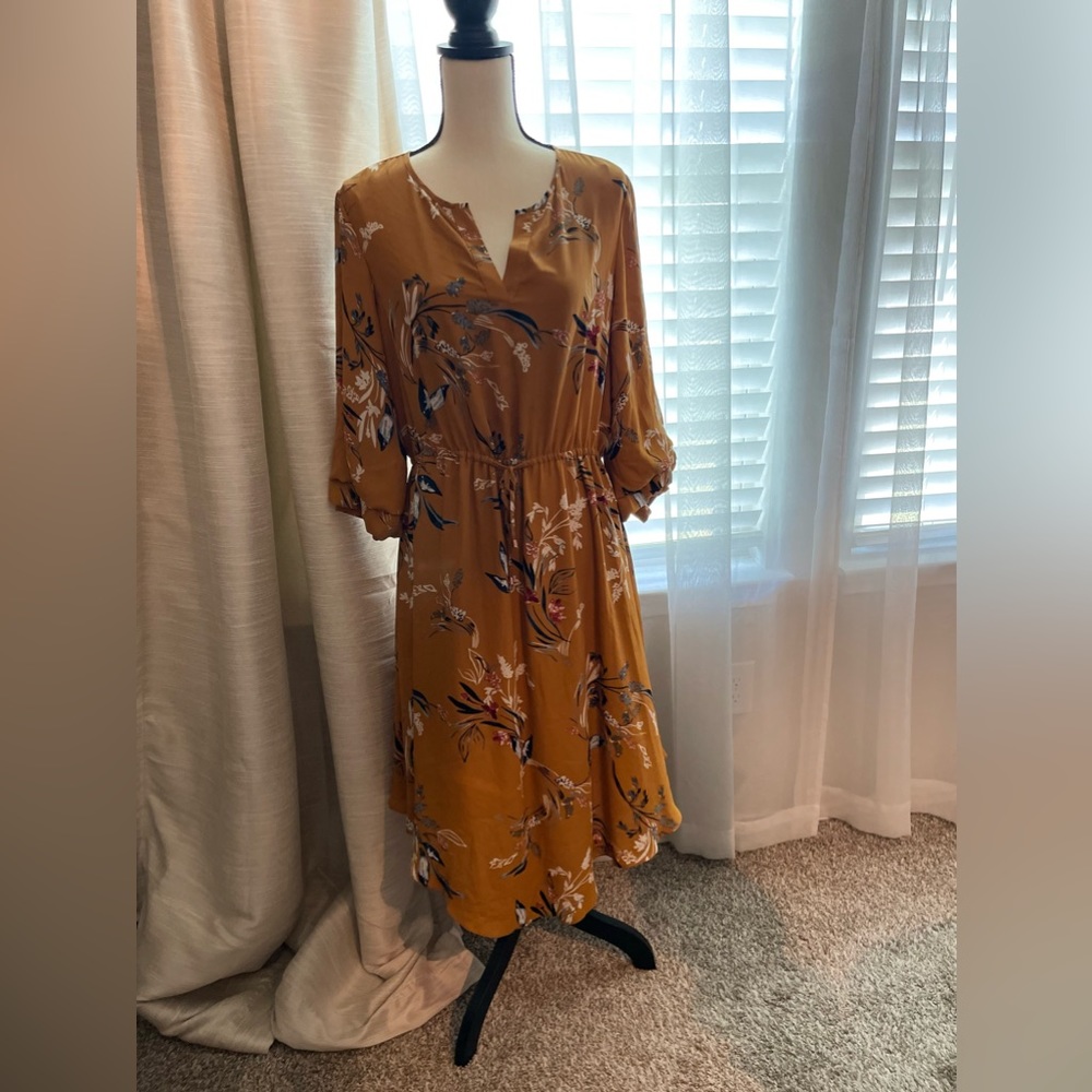 Ivanka Trump Fall Mustard Yellow Floral Cinch Tie Waist Dress Size 12